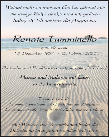Traueranzeige von Renate Tumminello von WVW Anzeigenblätter