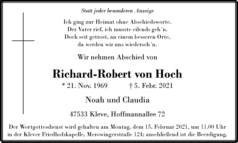  Traueranzeige für Richard-Robert von Hoch vom 13.02.2021 aus WVW Anzeigenblätter