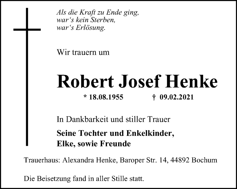  Traueranzeige für Robert Josef Henke vom 20.02.2021 aus WVW Anzeigenblätter