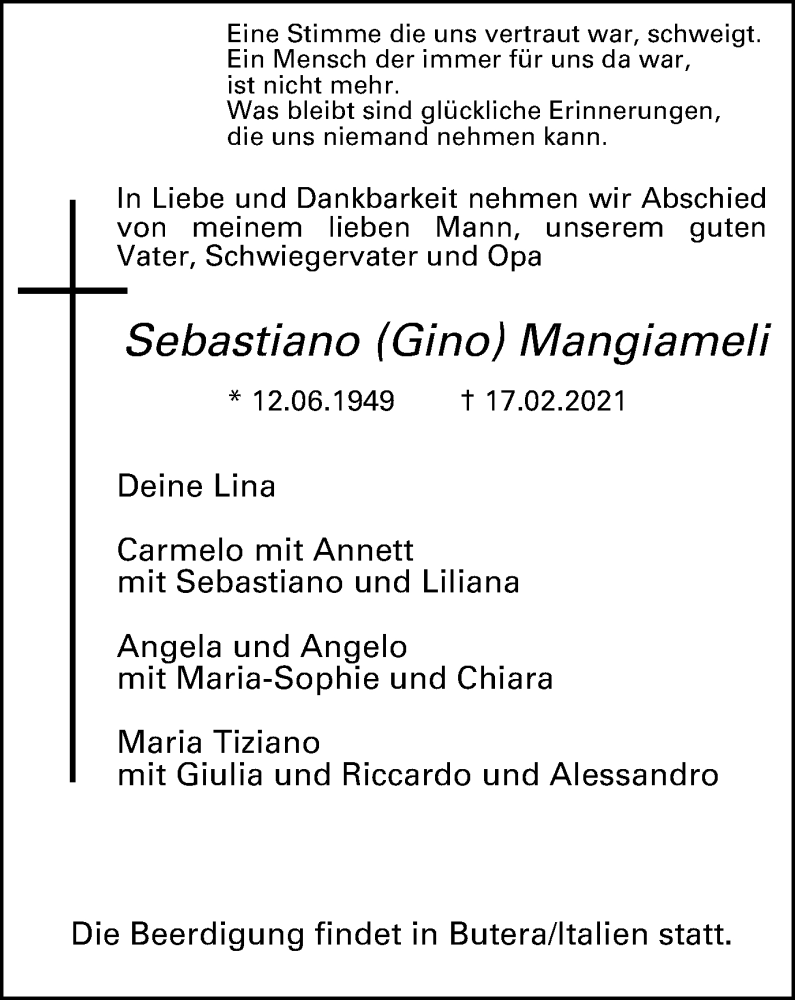  Traueranzeige für Sebastiano Mangiameli vom 24.02.2021 aus WVW Anzeigenblätter
