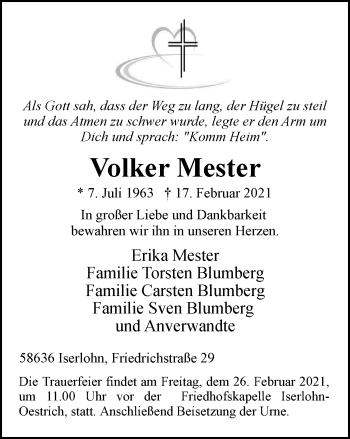 Traueranzeige von Volker Mester von WVW Anzeigenblätter