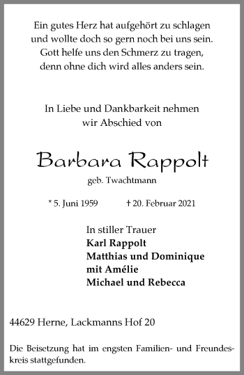 Traueranzeige von Barbara Rappolt von WVW Anzeigenblätter