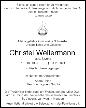 Traueranzeige von Christel Wellermann von WVW Anzeigenblätter