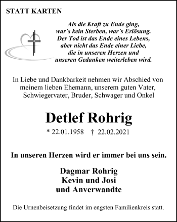 Traueranzeige von Detlef Rohrig von WVW Anzeigenblätter