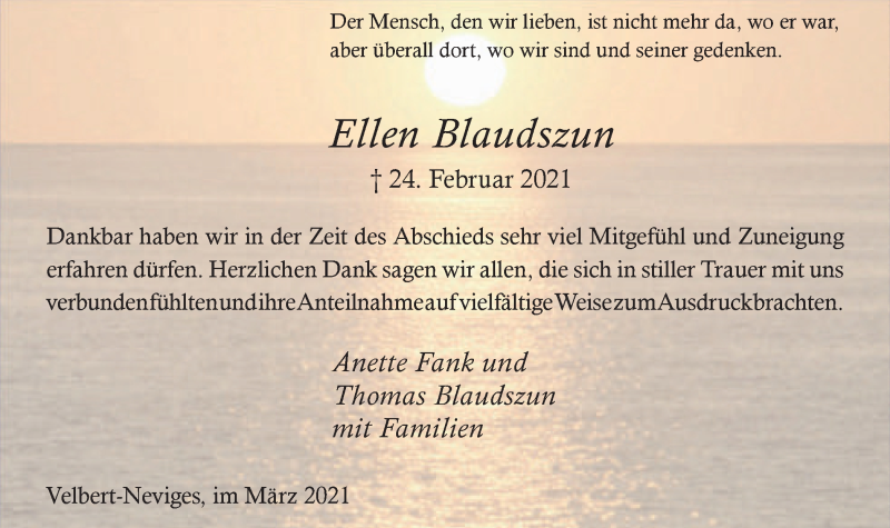  Traueranzeige für Ellen Blaudszun vom 27.03.2021 aus WVW Anzeigenblätter