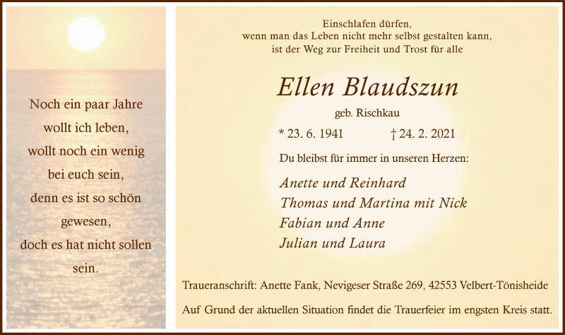  Traueranzeige für Ellen Blaudszun vom 06.03.2021 aus WVW Anzeigenblätter
