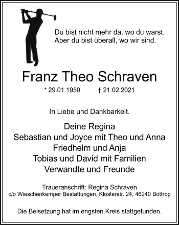 Traueranzeige von Franz Theo Schraven von WVW Anzeigenblätter