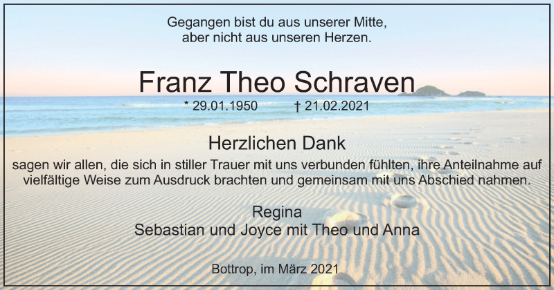  Traueranzeige für Franz Theo Schraven vom 20.03.2021 aus WVW Anzeigenblätter
