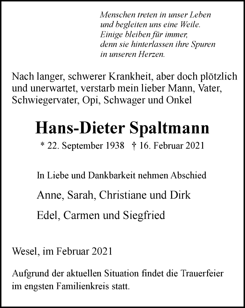  Traueranzeige für Hans-Dieter Spaltmann vom 17.03.2021 aus WVW Anzeigenblätter