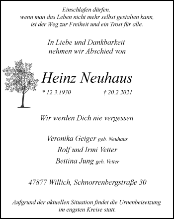 Traueranzeige von Heinz Neuhaus von WVW Anzeigenblätter