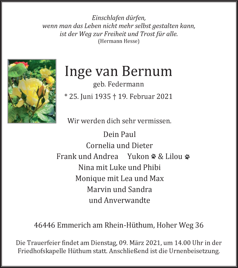  Traueranzeige für Inge van Bernum vom 03.03.2021 aus WVW Anzeigenblätter