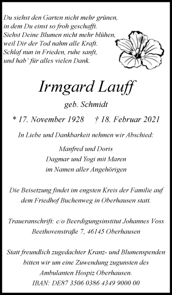 Traueranzeige von Irmgard Lauff von WVW Anzeigenblätter
