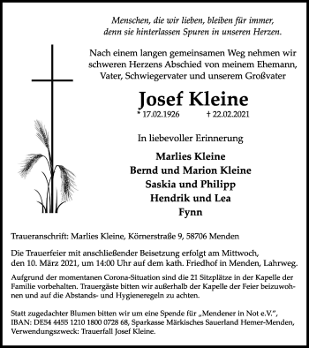 Traueranzeige von Josef Kleine von WVW Anzeigenblätter