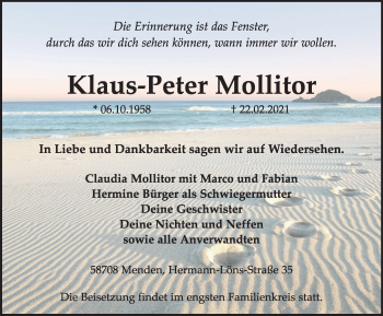 Traueranzeige von Klaus-Peter Mollitor von WVW Anzeigenblätter