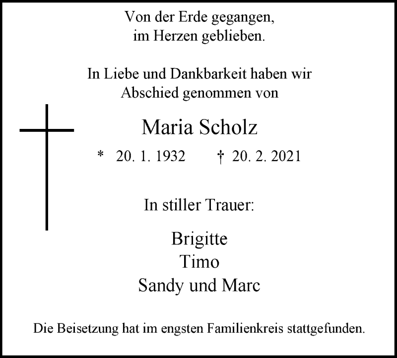  Traueranzeige für Maria Scholz vom 13.03.2021 aus WVW Anzeigenblätter