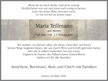 Traueranzeige von Maria Trillmann von WVW Anzeigenblätter