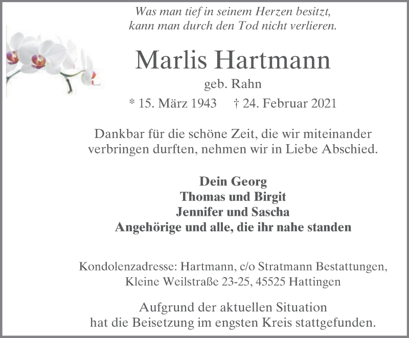  Traueranzeige für Marlis Hartmann vom 06.03.2021 aus WVW Anzeigenblätter