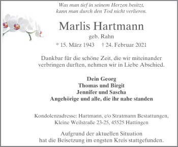 Traueranzeige von Marlis Hartmann von WVW Anzeigenblätter