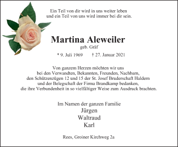Traueranzeige von Martina Aleweiler von WVW Anzeigenblätter