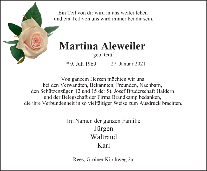  Traueranzeige für Martina Aleweiler vom 27.03.2021 aus WVW Anzeigenblätter