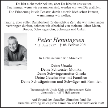 Traueranzeige von Peter Henningsen von WVW Anzeigenblätter