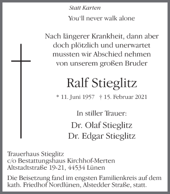 Traueranzeige von Ralf Stieglitz von WVW Anzeigenblätter
