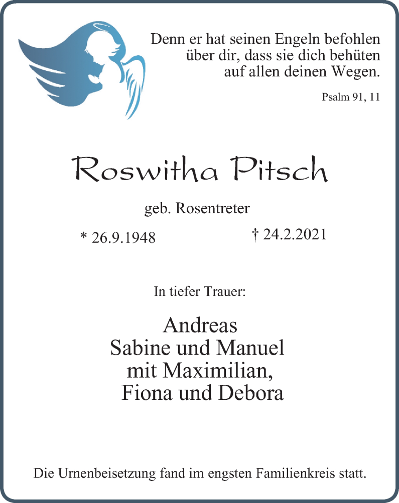  Traueranzeige für Roswitha Pitsch vom 27.03.2021 aus WVW Anzeigenblätter