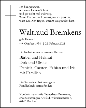 Traueranzeige von Waltraud Bremkens von WVW Anzeigenblätter