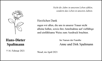 Traueranzeige von Hans-Dieter Spaltmann von WVW Anzeigenblätter