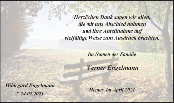 Traueranzeige von Hildegard Engelmann von WVW Anzeigenblätter