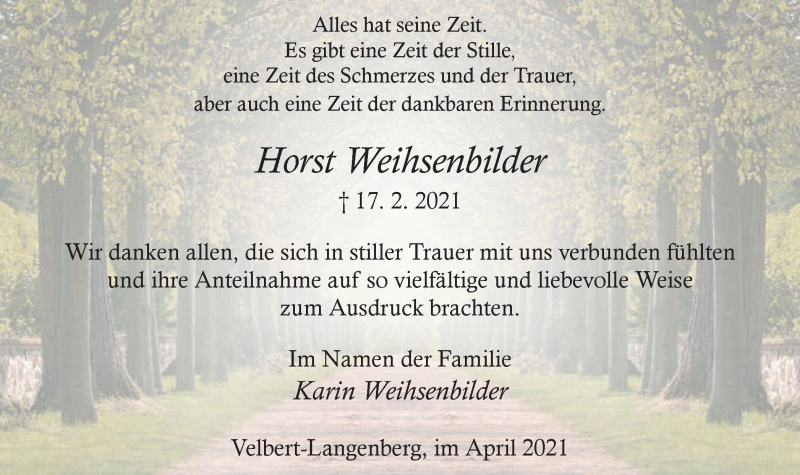  Traueranzeige für Horst Weihsenbilder vom 03.04.2021 aus WVW Anzeigenblätter