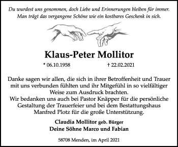 Traueranzeige von Klaus-Peter Mollitor von WVW Anzeigenblätter