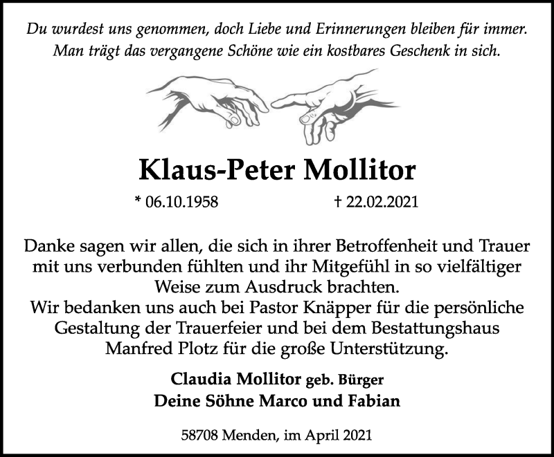  Traueranzeige für Klaus-Peter Mollitor vom 03.04.2021 aus WVW Anzeigenblätter