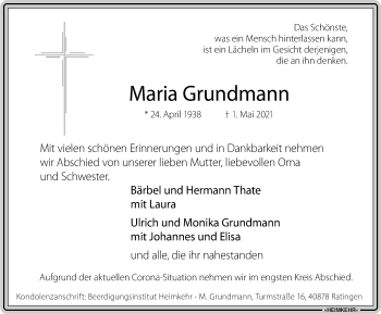 Traueranzeige von Maria Grundmann von WVW Anzeigenblätter