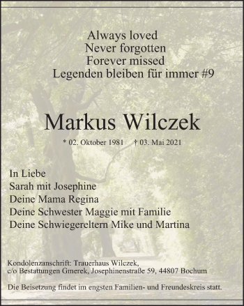 Traueranzeige von Markus Wilczek von WVW Anzeigenblätter