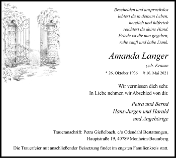 Traueranzeige von Amanda Langer von WVW Anzeigenblätter