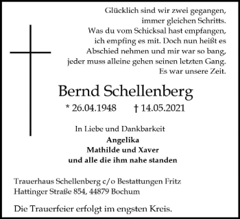 Traueranzeige von Bernd Schellenberg von WVW Anzeigenblätter