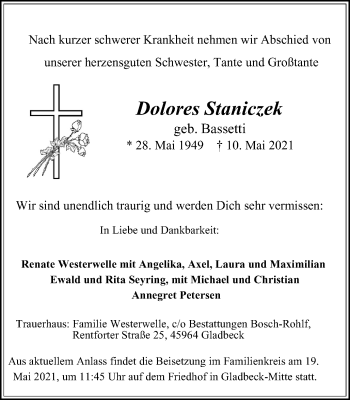Traueranzeige von Dolores Staniczek von WVW Anzeigenblätter