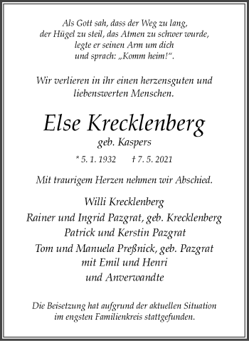 Traueranzeige von Else Krecklenberg von WVW Anzeigenblätter