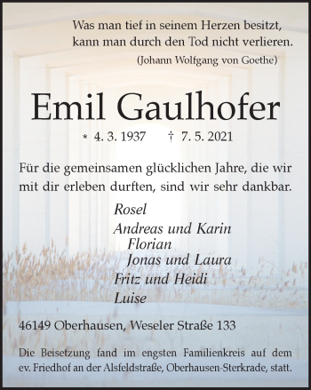 Traueranzeige von Emil Gaulhofer von WVW Anzeigenblätter