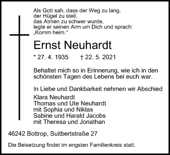Traueranzeige von Ernst Neuhardt von WVW Anzeigenblätter