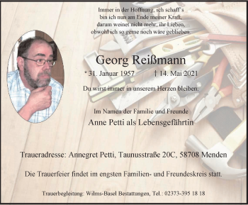 Traueranzeige von Georg Reißmann von WVW Anzeigenblätter