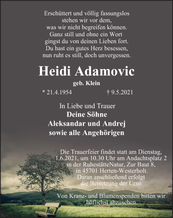 Traueranzeige von Heidi Adamovic von WVW Anzeigenblätter