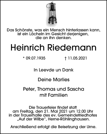 Traueranzeige von Heinrich Riedemann von WVW Anzeigenblätter