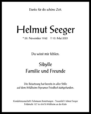 Traueranzeige von Helmut Seeger von WVW Anzeigenblätter