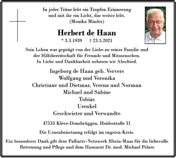 Traueranzeige von Herbert de Haan von WVW Anzeigenblätter