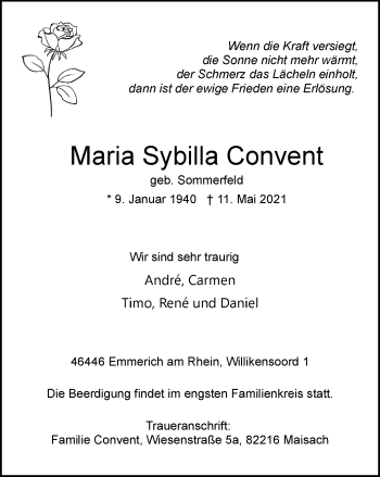 Traueranzeige von Maria Sybilla Convent von WVW Anzeigenblätter