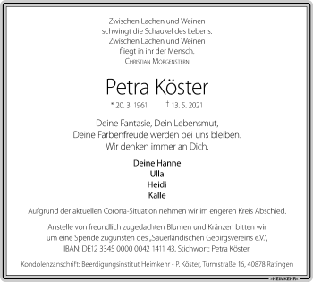 Traueranzeige von Petra Köster von WVW Anzeigenblätter