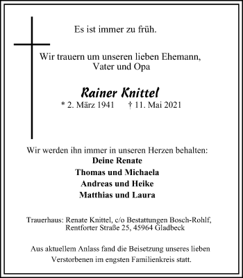 Traueranzeige von Rainer Knittel von WVW Anzeigenblätter