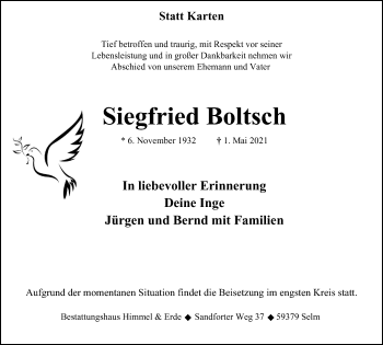 Traueranzeige von Siegfried Boltsch von WVW Anzeigenblätter